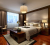 卧室选用了中式木质格纹结合的线条，流畅的软包床头背景，色彩浓重而成熟，细节富有变化，为居室增添了独特的韵味。