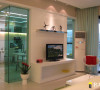 名雕装饰设计-米兰阳光-现代简约客厅电视背景：简约线条电视柜融入一抹绿色，唯美空间顿现。