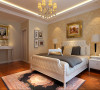 金色系统欧式床头背景墙，搭配欧式布艺与吊灯。