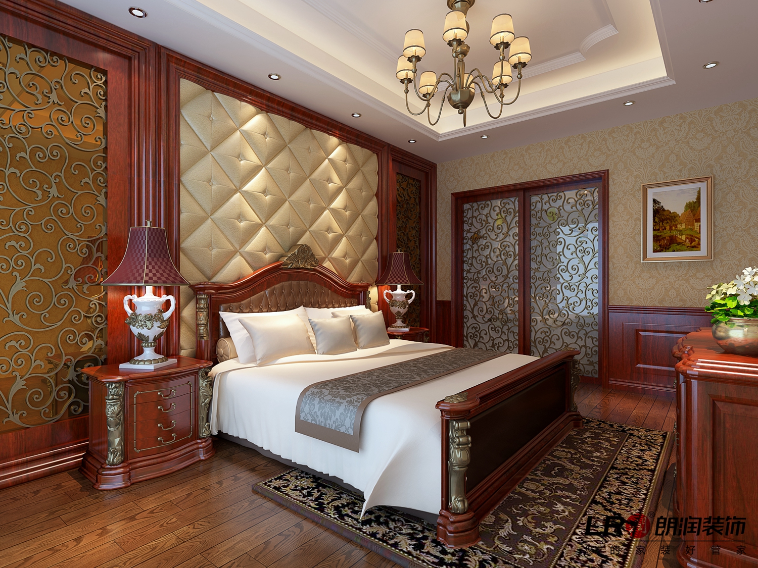 卧室图片来自朗润装饰工程有限公司在180平奢华大气古典欧式风的分享