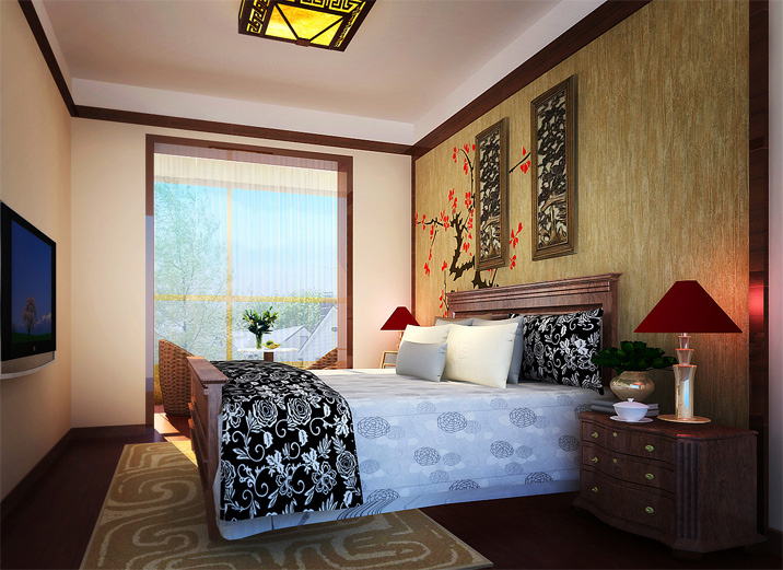 简约 混搭 三居 白领 收纳 80后 小资 卧室图片来自shichuangyizu在清华东路165平米新中式，三居室的分享
