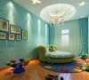 蓝色的壁纸，蓝色的窗帘，可爱的装饰画 淡蓝色是对儿童的心里发展起到健康影响的颜色，地面使用地板可以让小朋友尽情的玩耍，所有的设计都以快乐的童年为主。