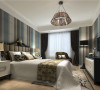 卧室最大的亮点就是蓝灰色的条纹墙纸与家具的完美结合，舒适又不缺乏单调。