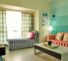 客厅整个感觉温暖，小家碧玉感，红色条纹的布艺沙发，蓝色条纹的贵妃座，沙发背景也是主题蓝色，整个空间显得温馨俏皮！