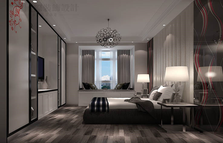 现代 二居 80后 小资 收纳 卧室图片来自高度国际别墅装饰设计在中景江山赋97平米现代风格公寓的分享