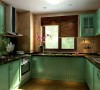 厨房以绿色为主，给人一种步入荷塘的感觉