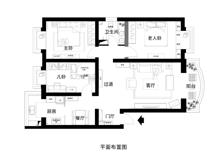 简约 新中式 三居装修 旧房改造 小资 三代同堂 户型图图片来自北京实创装饰集团在三代同堂的简约中式108平三居室的分享