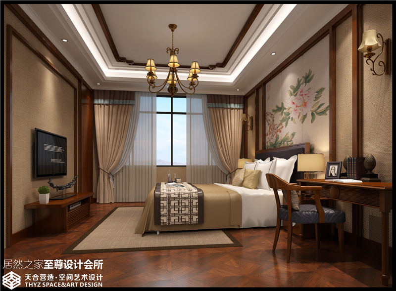 现代中式 别墅 卧室图片来自武汉天合营造设计在长源假日港湾别墅现代中式风的分享