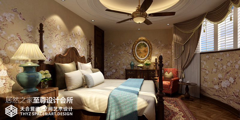 美式 别墅 复式 卧室图片来自武汉天合营造设计在江南明珠350平美式风的分享
