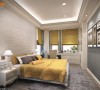 延续乡村风格元素以白色文化石作为床头墙，延续色彩主题以黄色及柔和的灰蓝色将卧眠区舒适的氛围呈现。 （此为3D合成示意图）