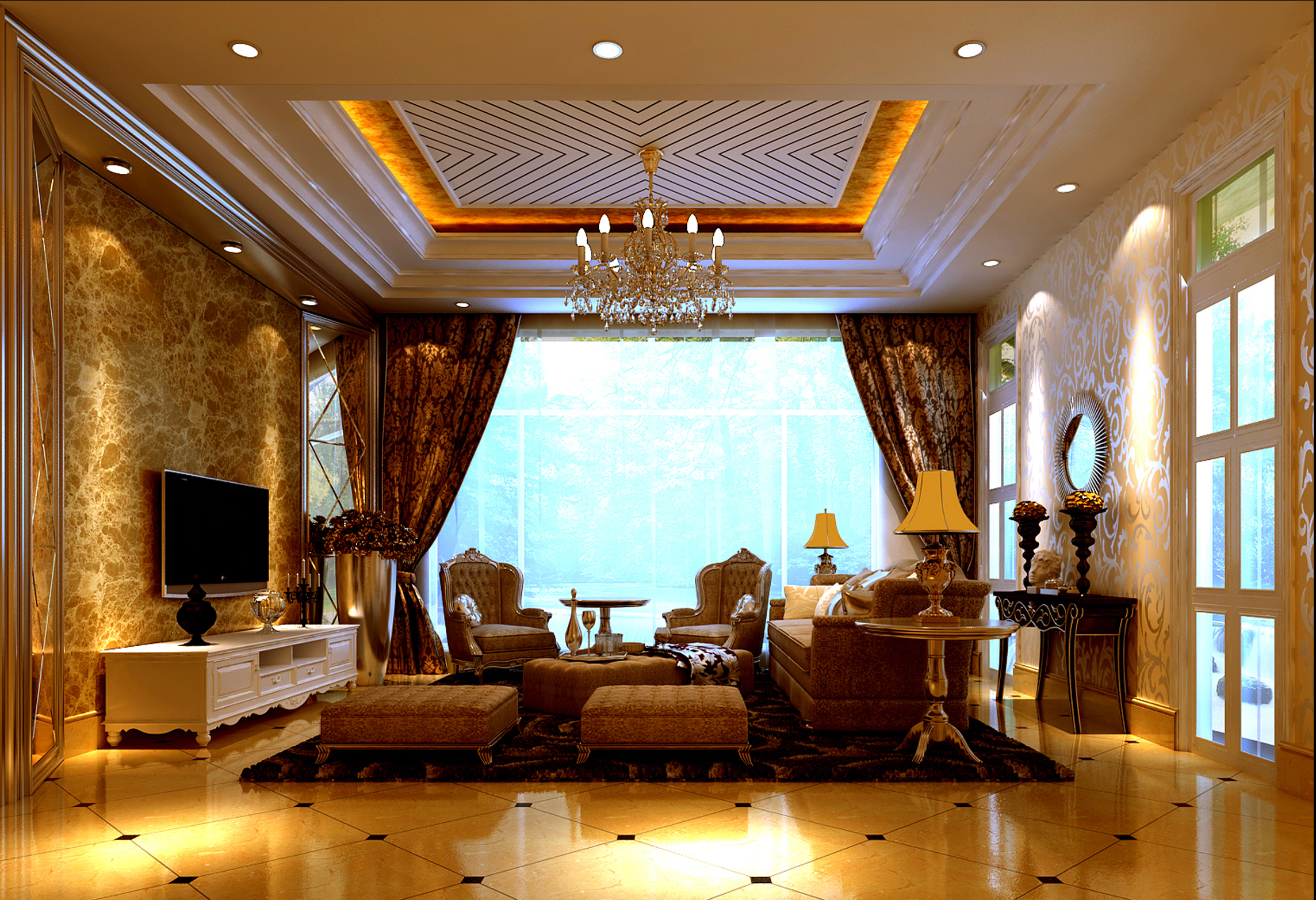 龙湾高度国际别墅白领欧式客厅装修效果图片