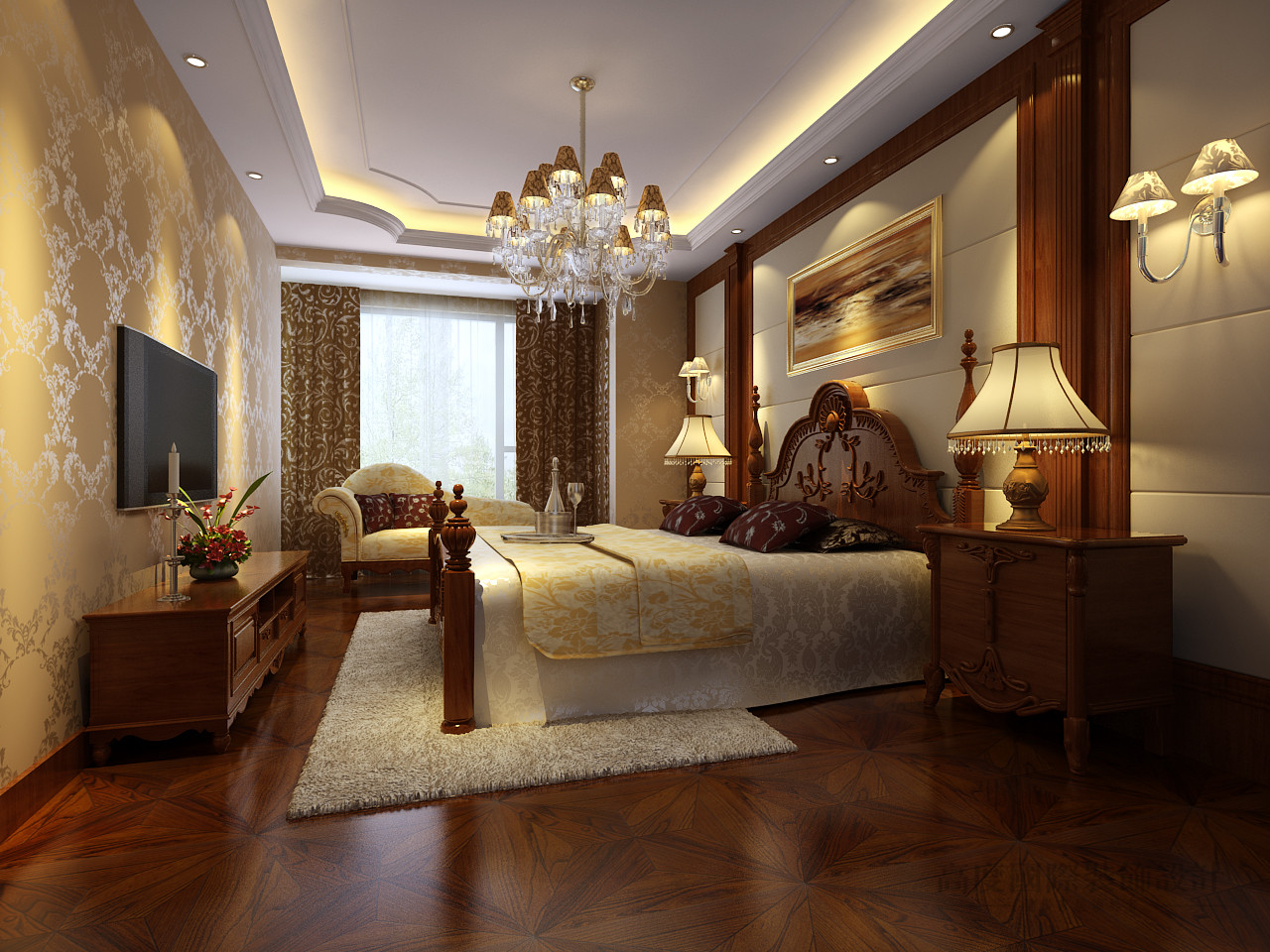 欧式 公寓 温馨 典雅 卧室图片来自高度国际设计装饰在龙湖花盛香醍263㎡欧式风格案例的分享