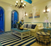 吊灯和壁灯采用同种风格的，白色的沙发和蓝色的圆桌，搭配了房间的整体色调。地毯采用了蓝白条纹状的，也非常的协调。