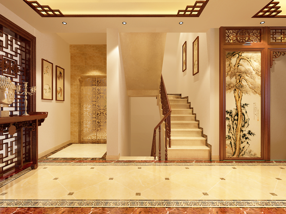 中式古典 品界国际 别墅 简约 楼梯图片来自石家庄力天装饰在望公府356平中式古典装修案例的分享