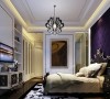 亮点：床头墙采用紫色系的软包，使整个空间显得浪漫而又神秘，还有珠帘等软装的使用使整个空间更协调、高贵。