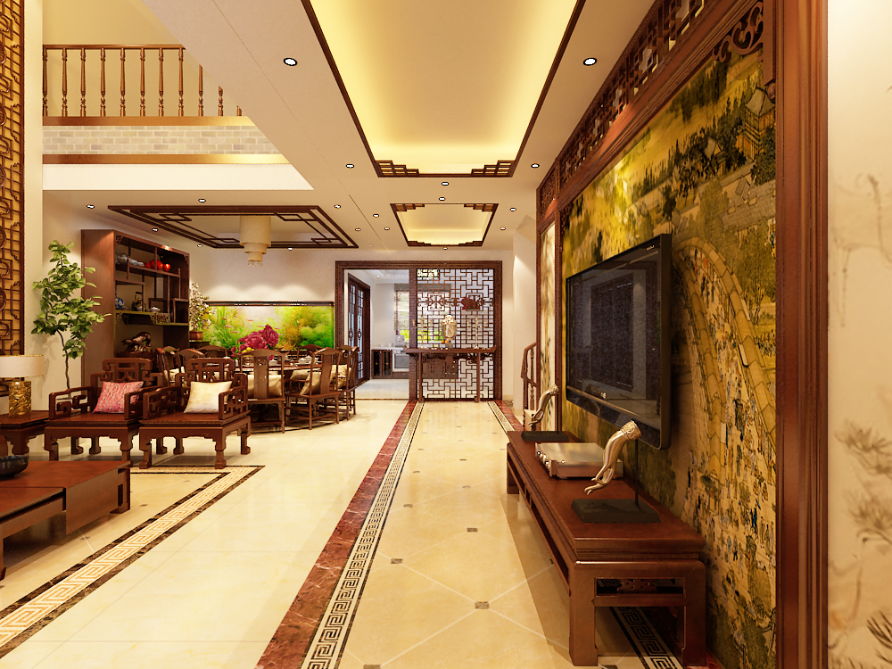 中式古典 品界国际 别墅 简约 客厅图片来自石家庄力天装饰在望公府356平中式古典装修案例的分享