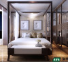主卧室是一个中式感觉比较浓重一些的。架子床和白色的床品。以及床头的硬包，还有木质和玻璃结合的衣柜都营造着一种新的气氛。