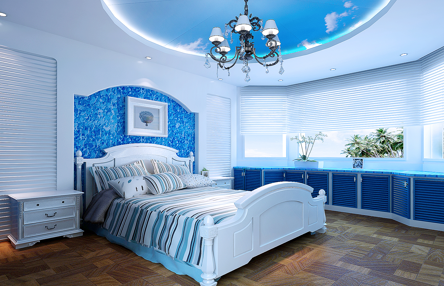 武汉实创 金色港湾 地中海 整体家装 80后 卧室图片来自静夜思在金色港湾160平海岸蓝天地中海风的分享