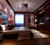 女儿房，紫色纹样壁纸结合现代的床品、长毛地毯，空间其中设计的组合式的家具，满足功能不失大气，既现代又与整体家居风格相关联。