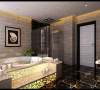 设计理念：金色调的装饰，让卫浴间充满奢靡感	
亮点：浴缸柔美的线条，朴实的砖石板块和装饰图纹与现代洁具巧妙结合，给人以精致、优美、典雅的感觉。