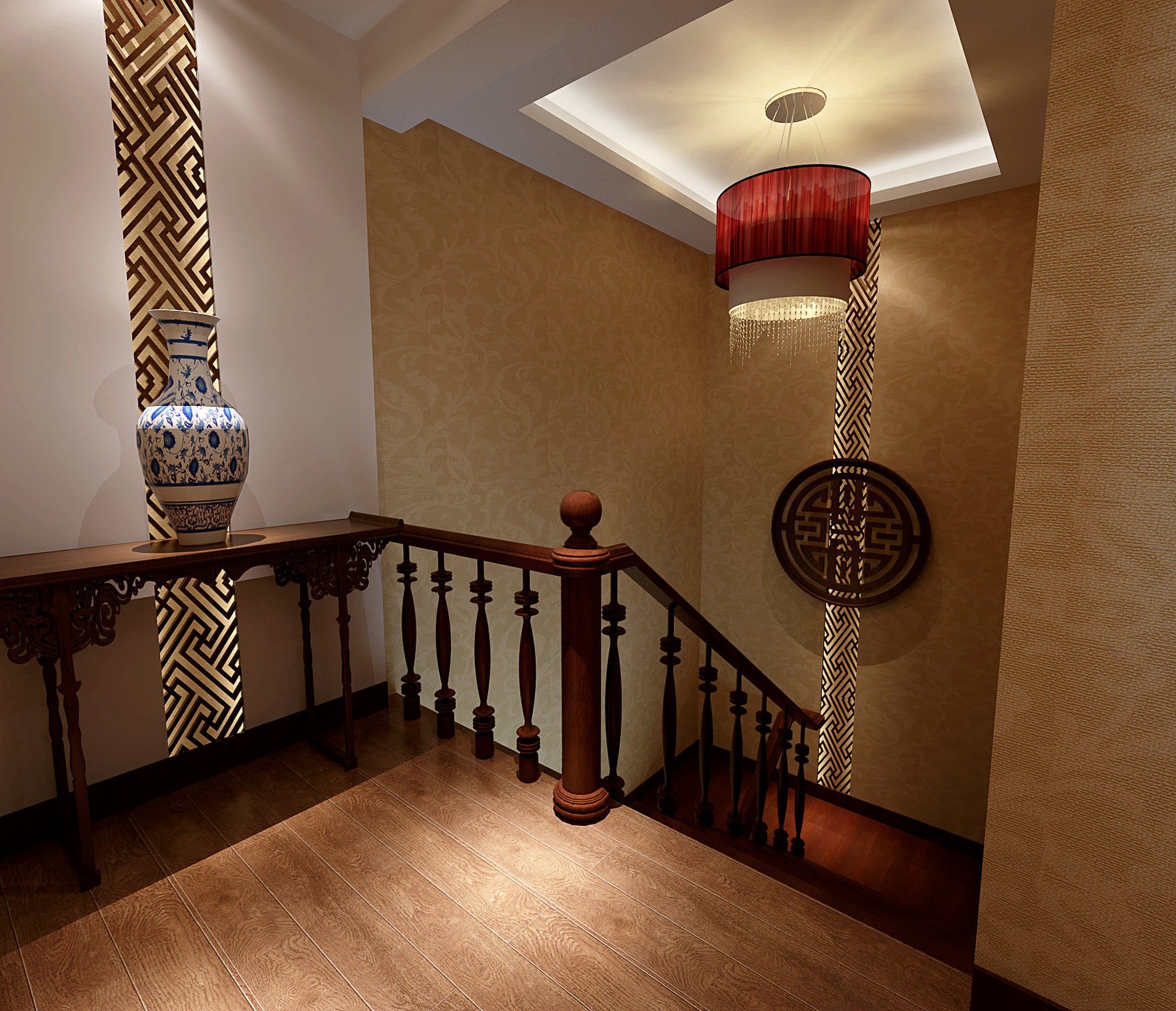 别墅 中式风格 别墅设计 别墅装修 实创装饰 客厅 餐厅 卧室 楼梯图片来自上海实创装饰工长在复地香栀花园200平中式设计案例的分享