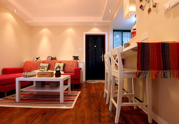 小户型设计 婚房设计 现代简约 开放式厨房 客厅图片来自上海实创-装修设计效果图在62平小屋超喜庆婚房设计的分享