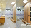 延续一楼卫浴的设计基调，青花和木色的运用更为独到。本层的卫浴间，可谓“豪华”，面积大、功能全、规划合理是其显而易见的优点