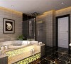 金色调的装饰，让卫浴间充满奢靡感
亮点：浴缸柔美的线条，朴实的砖石板块和装饰图纹与现代洁具巧妙结合，给人以精致、优美、典雅的感觉。