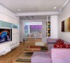 此案例是老房翻新，业主原有浪漫紫的沙发，设计师保留并在厨房与客厅的落地窗帘也使用紫色，与家具相配，使整体协调。