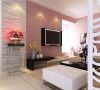 浅粉色电视背景墙、文化石壁纸，搭配暖色调的软装，使客厅看起来更加温馨。