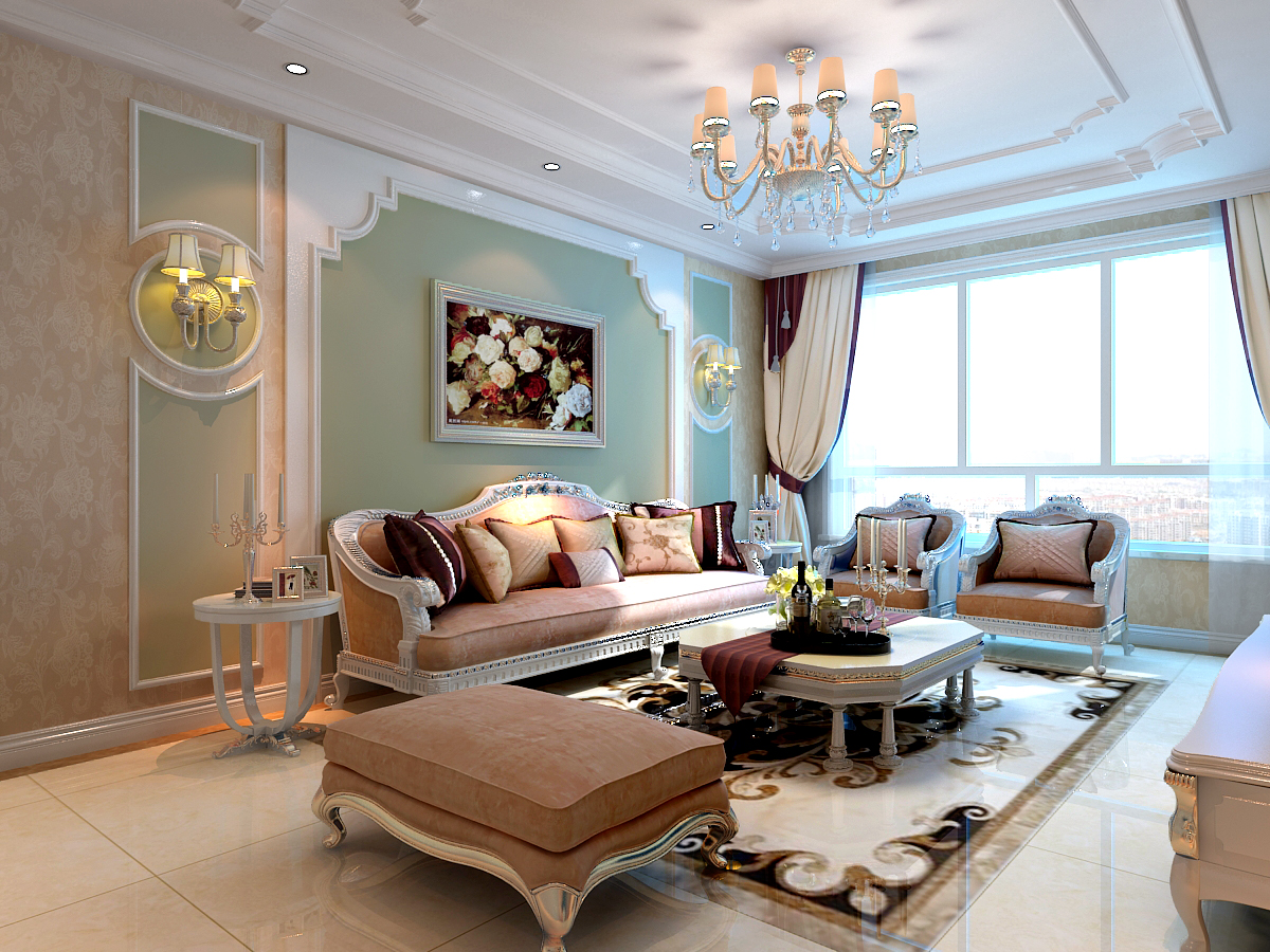客厅沙发墙:沙发墙是用于石膏线做成的简单而不失雅观的造型,沙发的