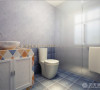 还有一个主卧卫生间的效果图，整体瓷砖选用的蓝色的瓷砖，主要选用白色的洁具，洗手盆下边搭配彩色的斜拼瓷砖，很有特色。