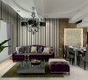 一层客餐厅区域，色调浪漫典雅，墙面黑白灰色条纹壁纸将现代简约风格经典之气表现出来；浪漫紫色沙发、灰色餐桌椅，彰显男女主人的生活品味。
