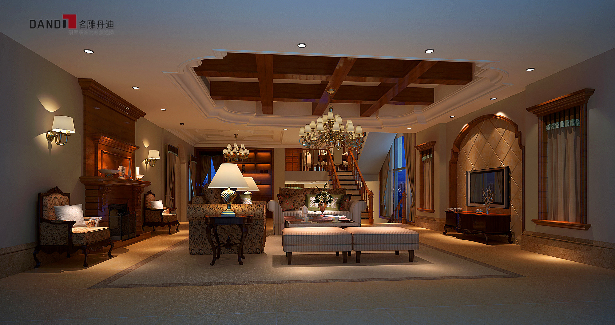 名雕丹迪别墅设计—美式风格客厅:以暖色单一调为主,灯具装饰的是吊灯