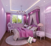设计理念：这间卧室为业主女儿居住的房间。
无需过多的装饰，白色的家具，粉紫色的配饰，淡紫色的水晶吊灯打造梦幻公主房。