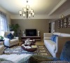 客厅：客厅作为待客区域，以蓝色为点缀。在色彩搭配和风格上，强化了现代美式的高贵和典雅，弱化了现代风格的气息与凌厉