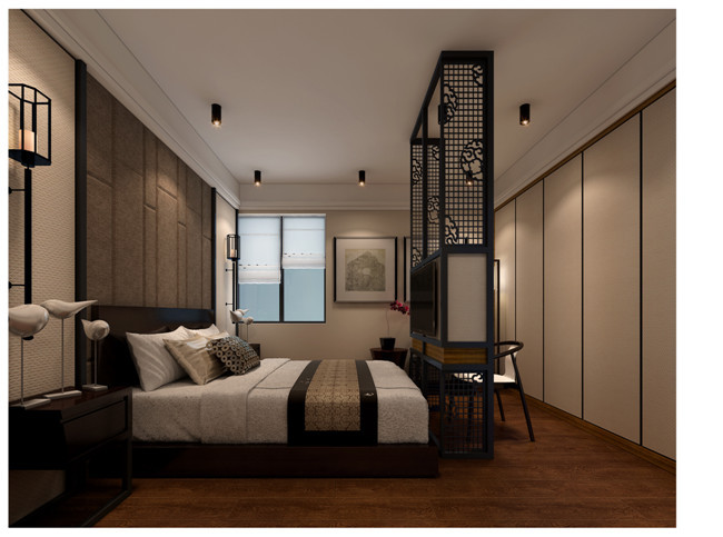 卧室图片来自湖南名匠装饰在北辰三角洲四居室现代中式的分享