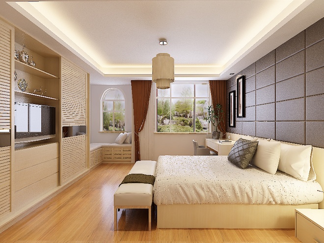 三居 新中式风格 五口之家 温馨阳光房 多储物设计 卧室图片来自上海实创-装修设计效果图在168平中式时尚阳光公寓的分享