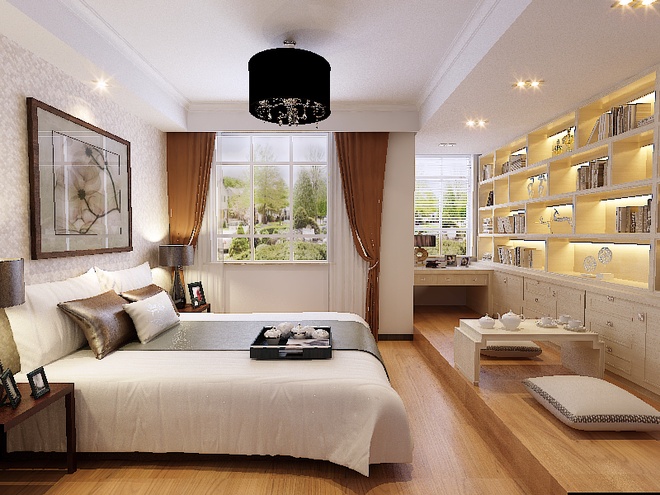 三居 新中式风格 五口之家 温馨阳光房 多储物设计 卧室图片来自上海实创-装修设计效果图在168平中式时尚阳光公寓的分享