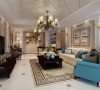 　现代美式追求华丽、高雅的古典风格，因此设计师将客厅空间的主色调设置为浅色。同时在选用家具时等配饰产品时，也较多的选用了拥有古典弯腿式的家具。