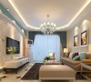 客厅整体色彩温馨明快，给人整洁舒适的感觉。电视背景墙采用石膏板弧形框设计，大气和谐。