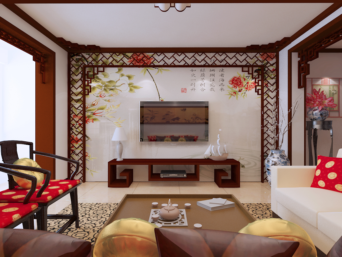 电视背景墙强及客厅造型顶通过木线条及中式镂空雕花使空间更有层次感