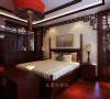 典型的中式卧室设计，中式风格的吊顶和红色圆形吊灯，中式窗棂屏风，木质家具，营造出一种古朴怀旧的气氛。