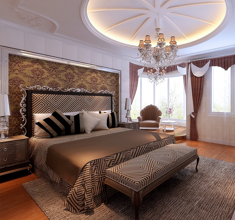 吊顶 窗帘 床 壁纸图片来自鹏发装饰在保利玫瑰湾三居室简欧风格的分享