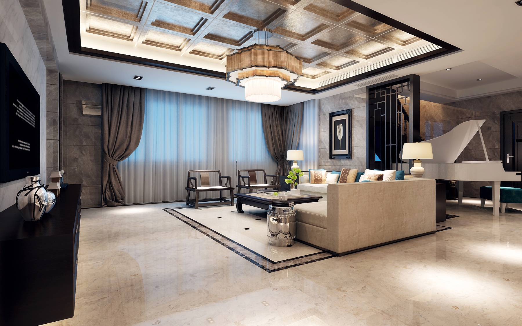新中式 四居 大户型 客厅图片来自武汉市岭南装饰在复地东湖国际的分享