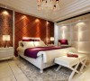 别致的皮纹软包床头让卧室显得高贵。白、金、银及暖中带冷的墙面颜色搭配的舒适典雅。