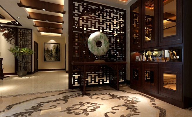 171平米 四居室设计 中式风格 装修效果图 玄关图片来自上海实创-装修设计效果图在171平米四居室中式风格设计的分享