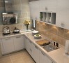 相对于客厅，厨房显得明亮欢快。石材纹的防滑地砖搭配白色木质的橱柜，整体空间干净舒适。