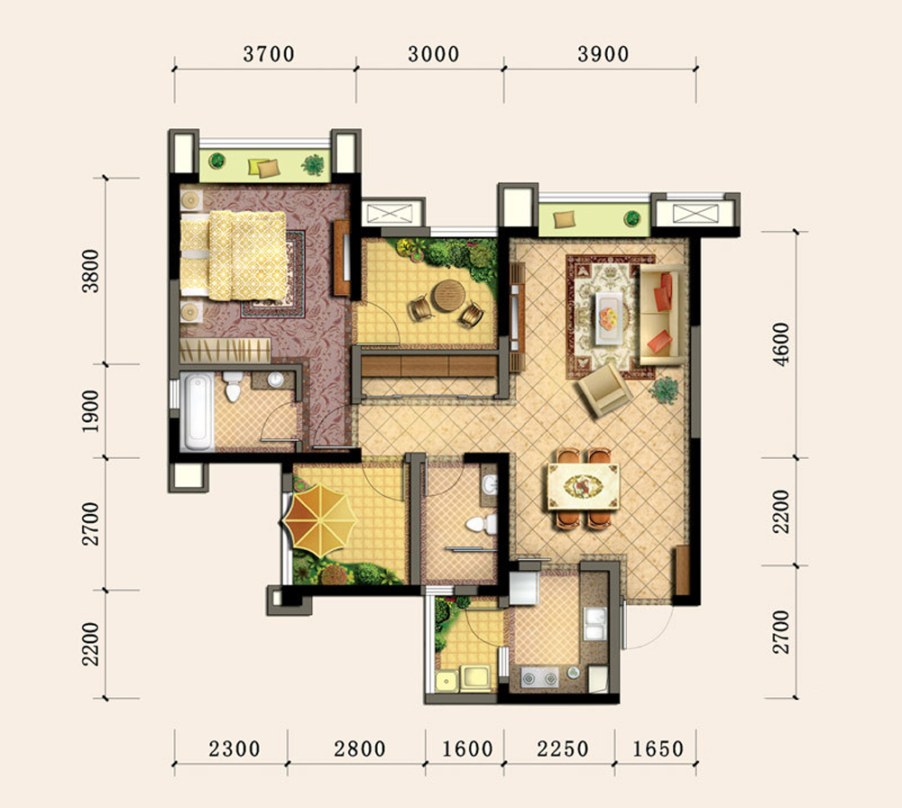 二居 户型图图片来自成都生活家装饰在89平现代中式舒适简约3居室的分享