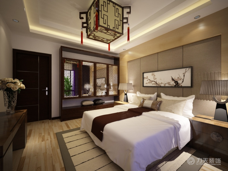 中式 三居 白领 收纳 80后 小资 卧室图片来自阳光力天装饰在新天地盛景湾-124㎡-新中式的分享